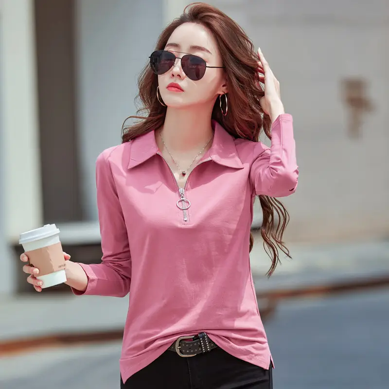 Women Korean Style White Cotton Polo Shirt Long Sleeve Slim Fit