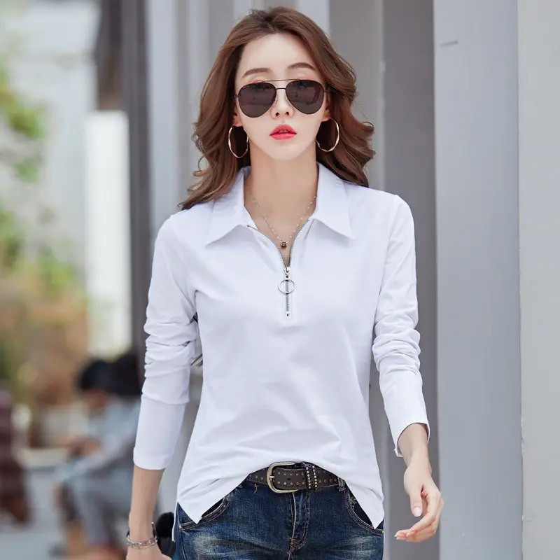 Women Korean Style White Cotton Polo Shirt Long Sleeve Slim Fit