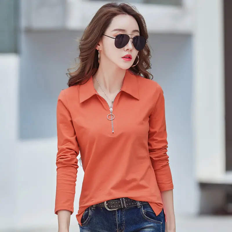 Women Korean Style White Cotton Polo Shirt Long Sleeve Slim Fit
