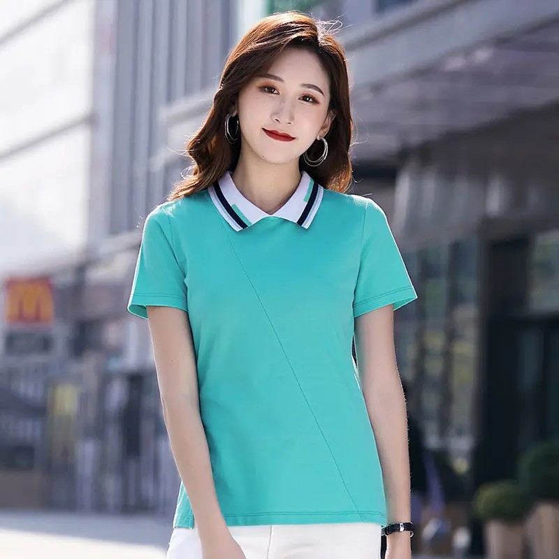 Women's Green Polo T-Shirt Short Sleeve Cotton Summer - Image 6
