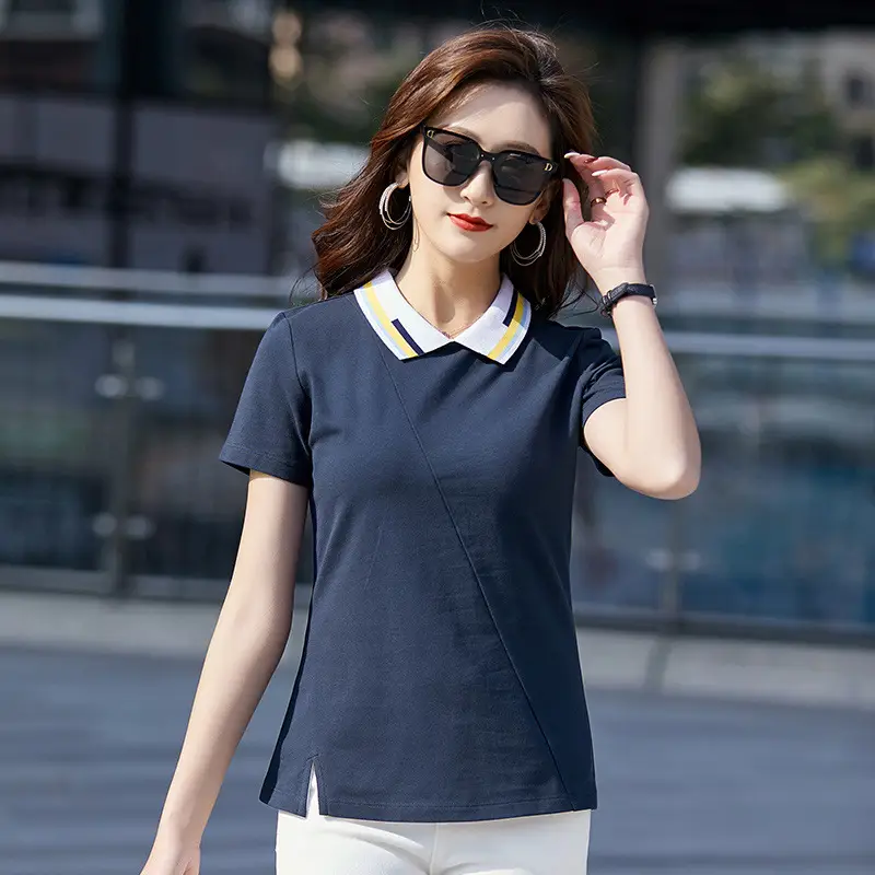 Women's Green Polo T-Shirt Short Sleeve Cotton Summer - Image 7