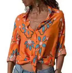 Women Blue White Chiffon Long Sleeve Shirt with White Pants - Image 2