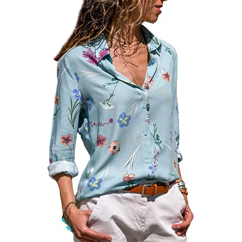 Women Blue White Chiffon Long Sleeve Shirt with White Pants - Image 5