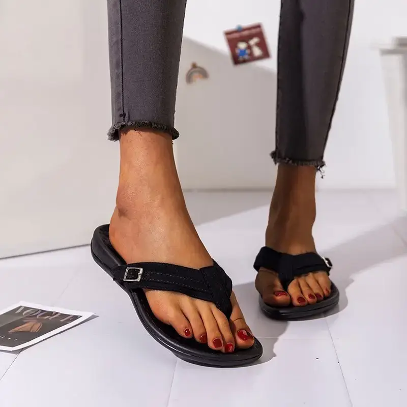 Women Blue Flat Sandals 2024 Summer Casual Flip Flops