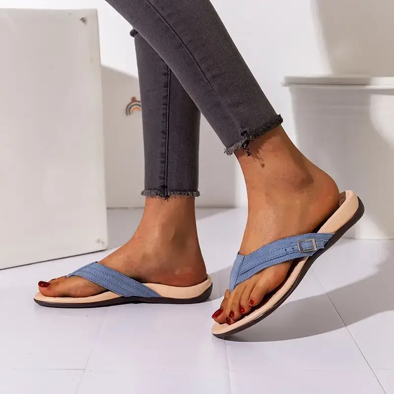 Women Blue Flat Sandals 2024 Summer Casual Flip Flops