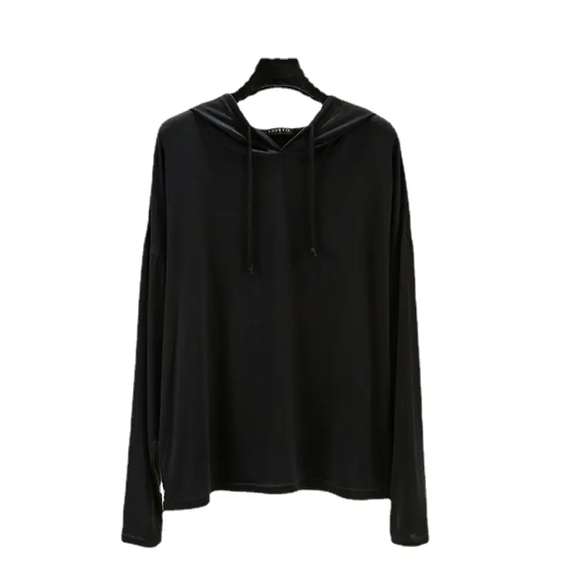 Women's Blue Modal Hooded T-Shirt Long Sleeve Casual Plus Size