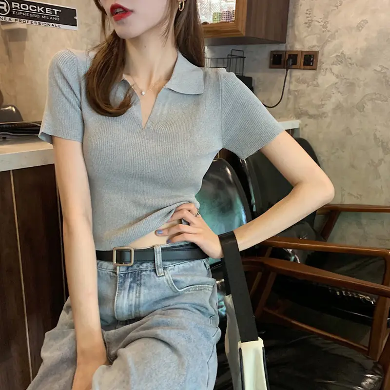 Women V-neck Knitted Polo Shirt Slim Fit Summer
