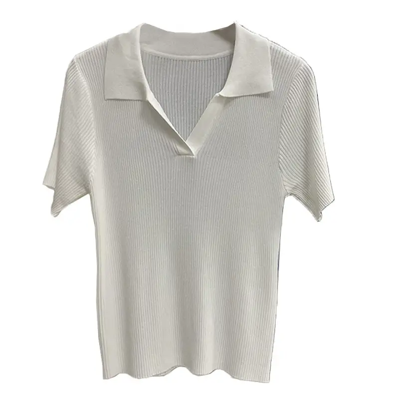 Women V-neck Knitted Polo Shirt Slim Fit Summer