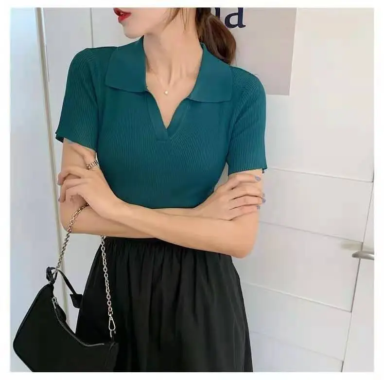 Women V-neck Knitted Polo Shirt Slim Fit Summer — feature 11