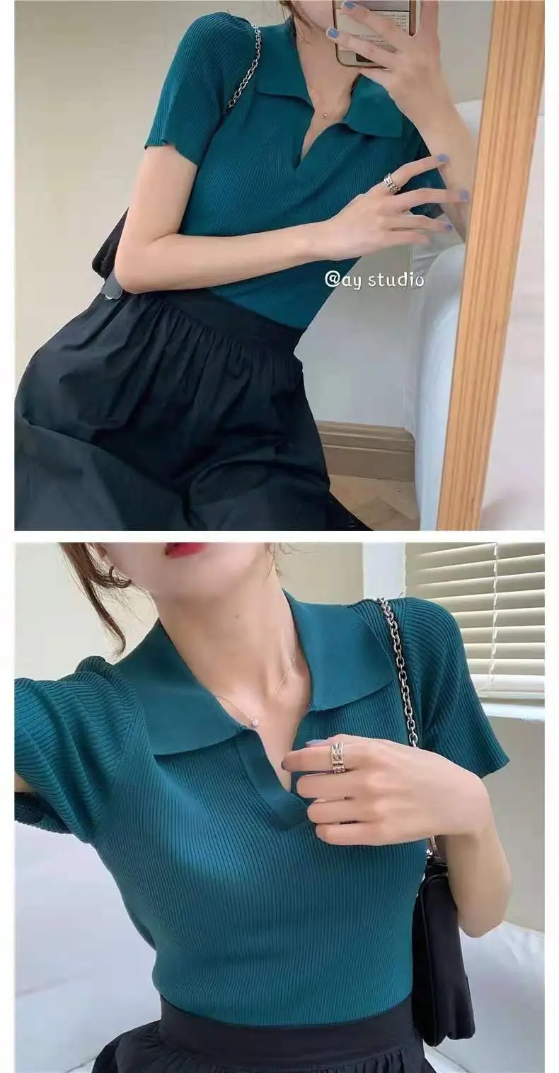 Women V-neck Knitted Polo Shirt Slim Fit Summer — feature 12