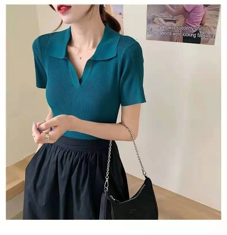 Women V-neck Knitted Polo Shirt Slim Fit Summer — feature 13