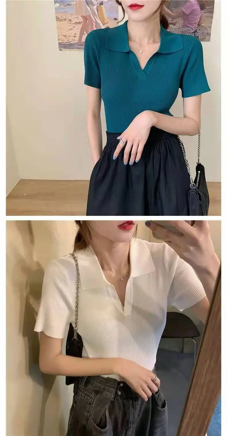 Women V-neck Knitted Polo Shirt Slim Fit Summer — feature 14