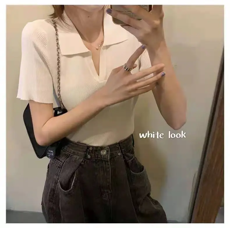 Women V-neck Knitted Polo Shirt Slim Fit Summer — feature 15