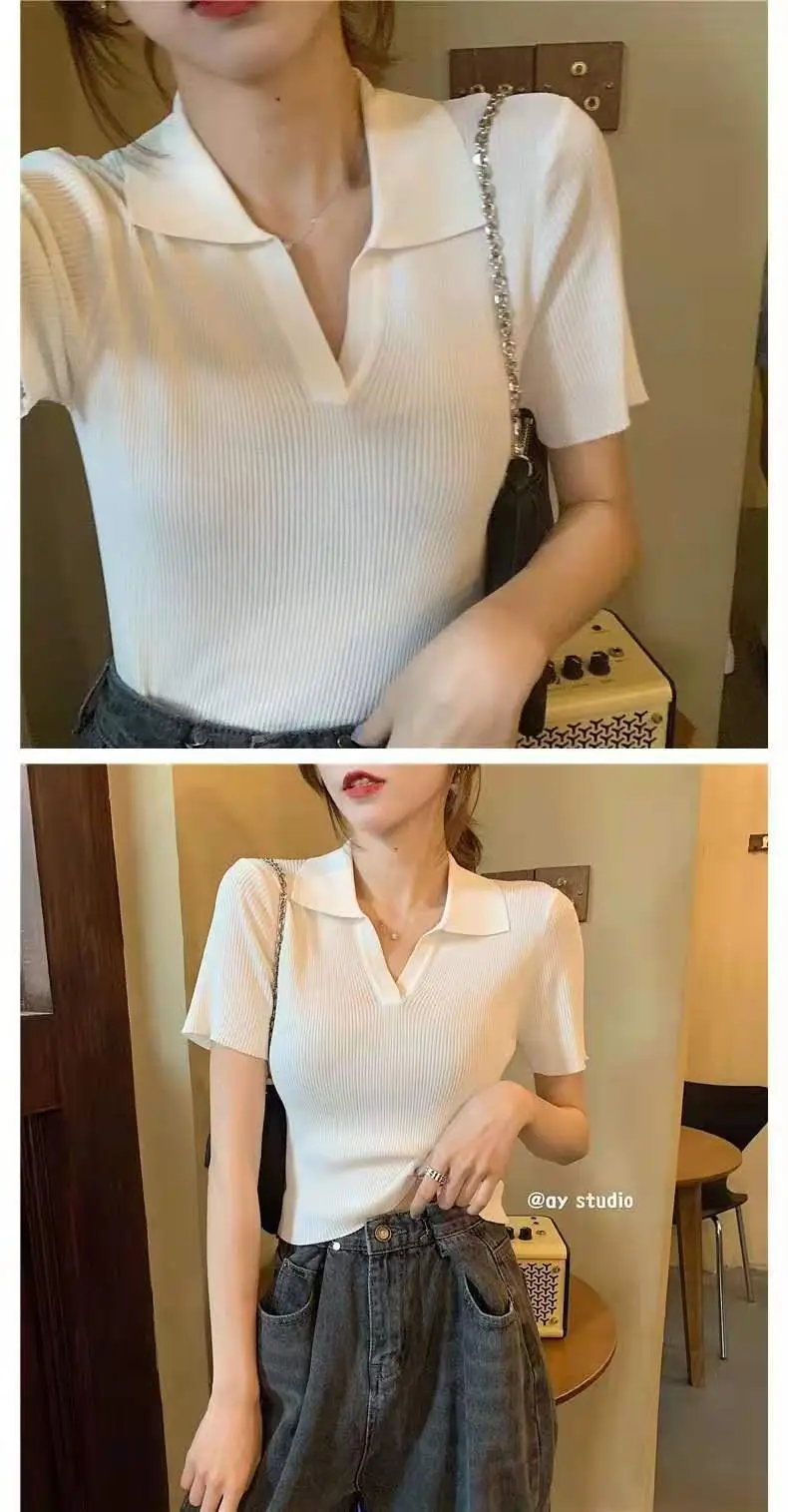 Women V-neck Knitted Polo Shirt Slim Fit Summer — feature 16