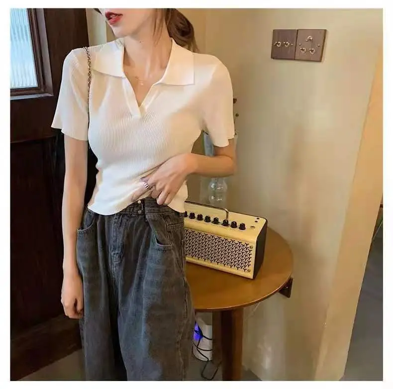 Women V-neck Knitted Polo Shirt Slim Fit Summer — feature 17