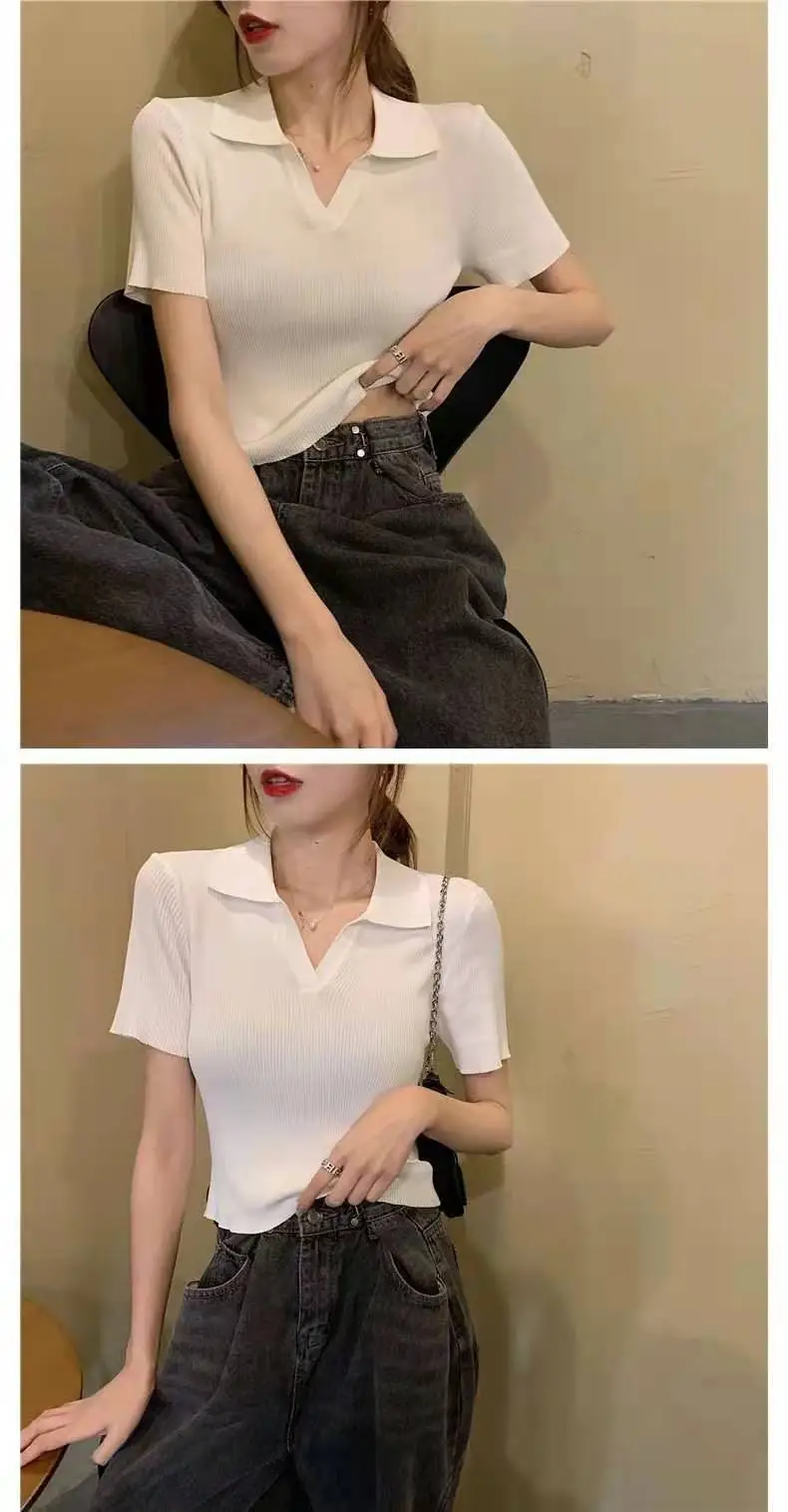 Women V-neck Knitted Polo Shirt Slim Fit Summer — feature 18