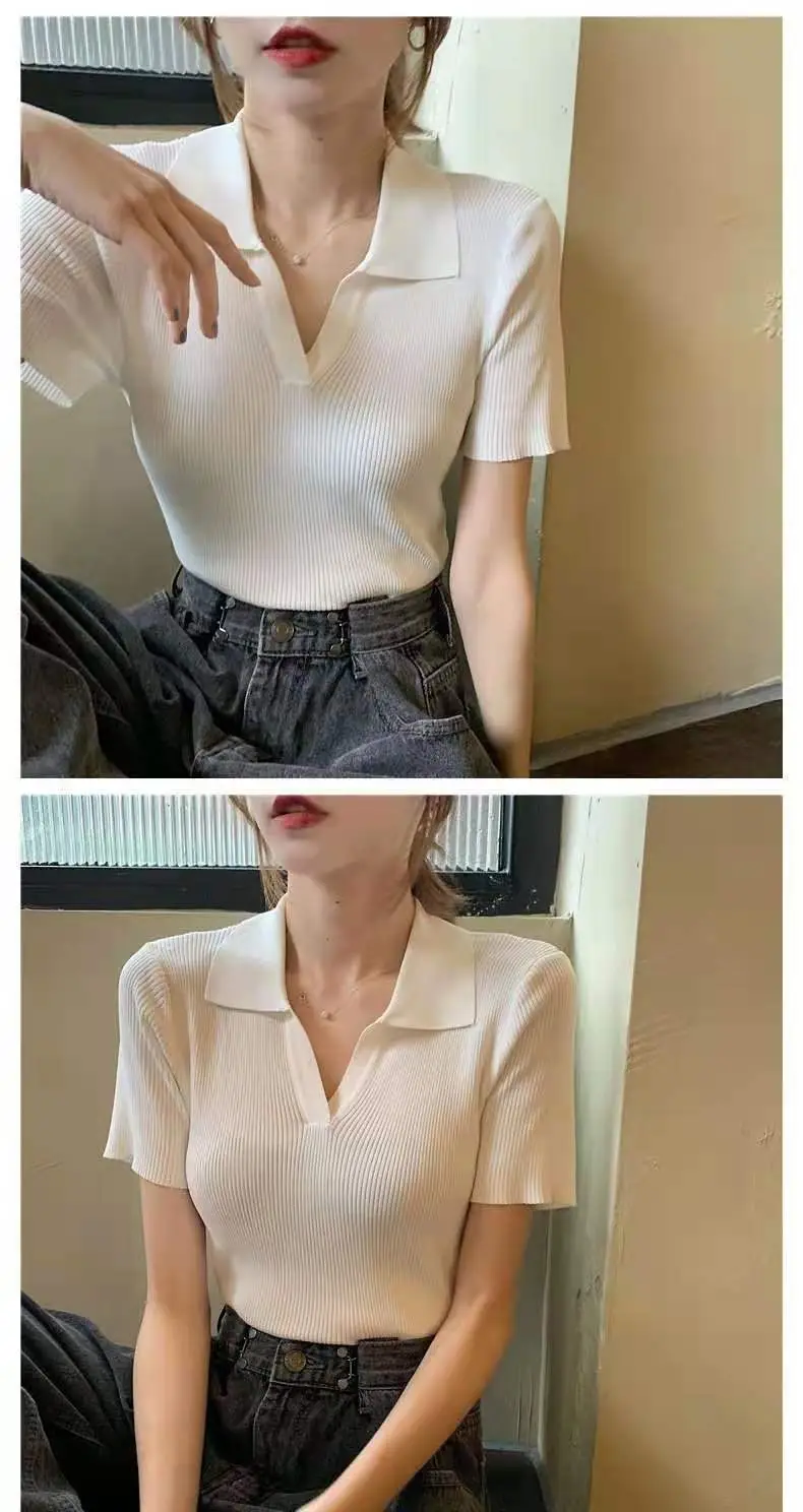 Women V-neck Knitted Polo Shirt Slim Fit Summer — feature 19