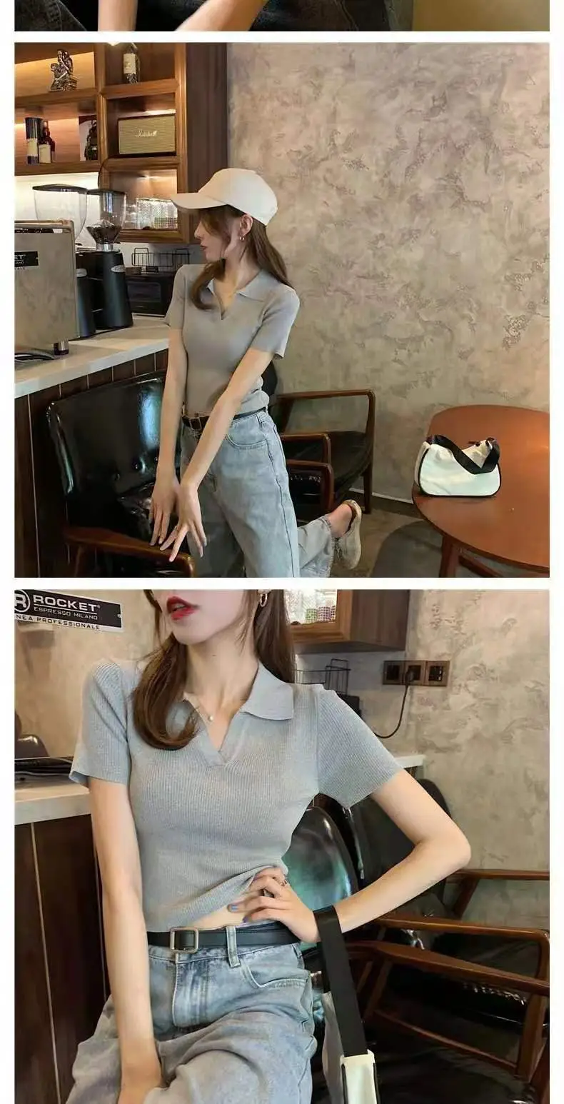 Women V-neck Knitted Polo Shirt Slim Fit Summer — feature 20