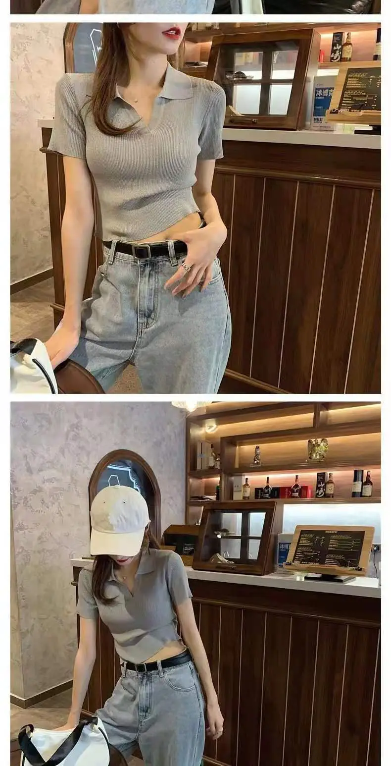 Women V-neck Knitted Polo Shirt Slim Fit Summer — feature 21