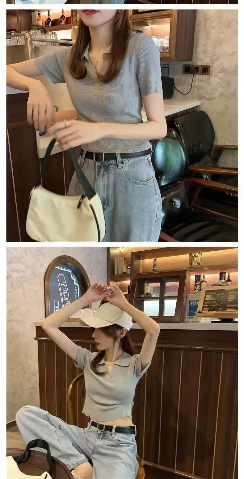 Women V-neck Knitted Polo Shirt Slim Fit Summer — feature 22