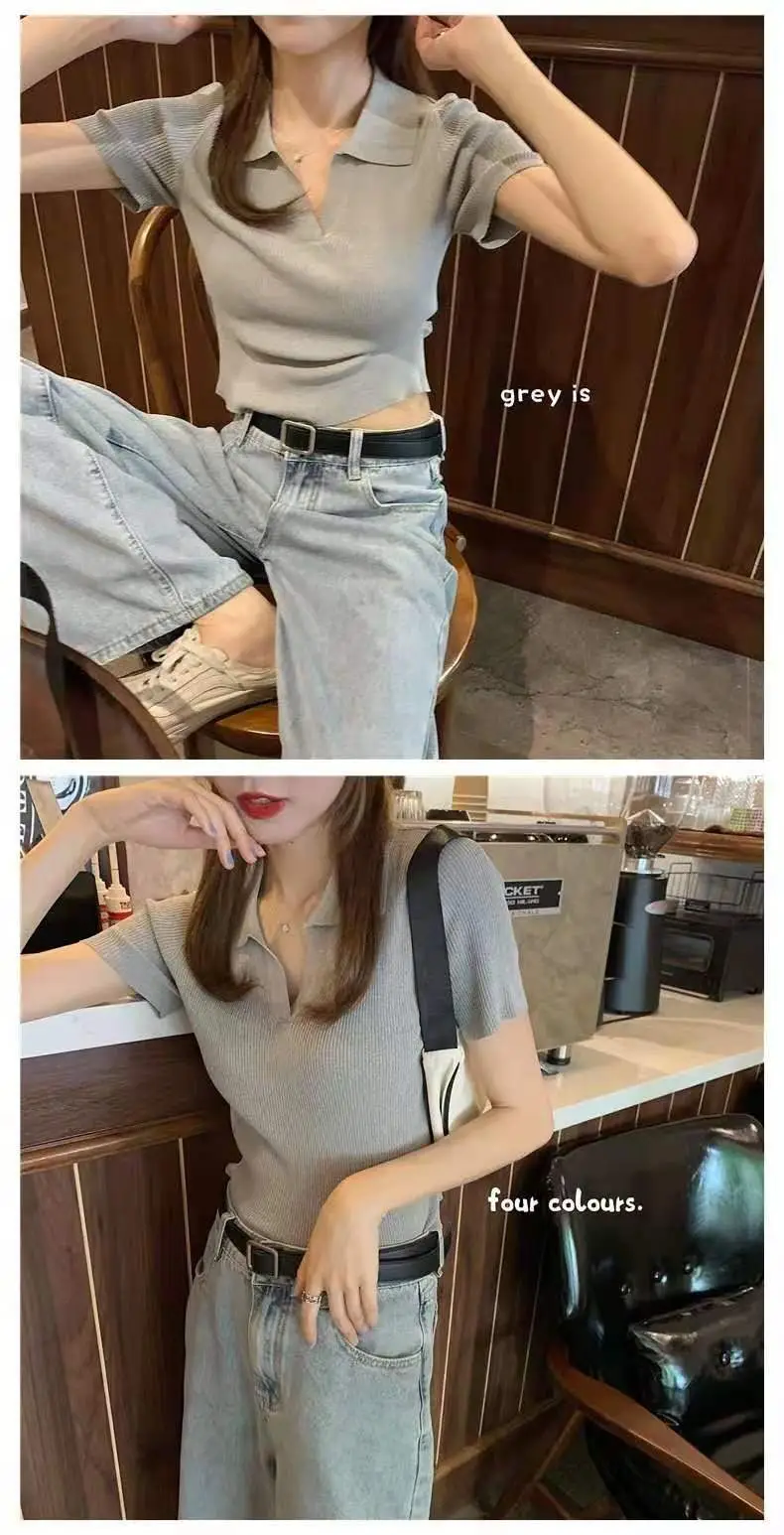 Women V-neck Knitted Polo Shirt Slim Fit Summer — feature 23