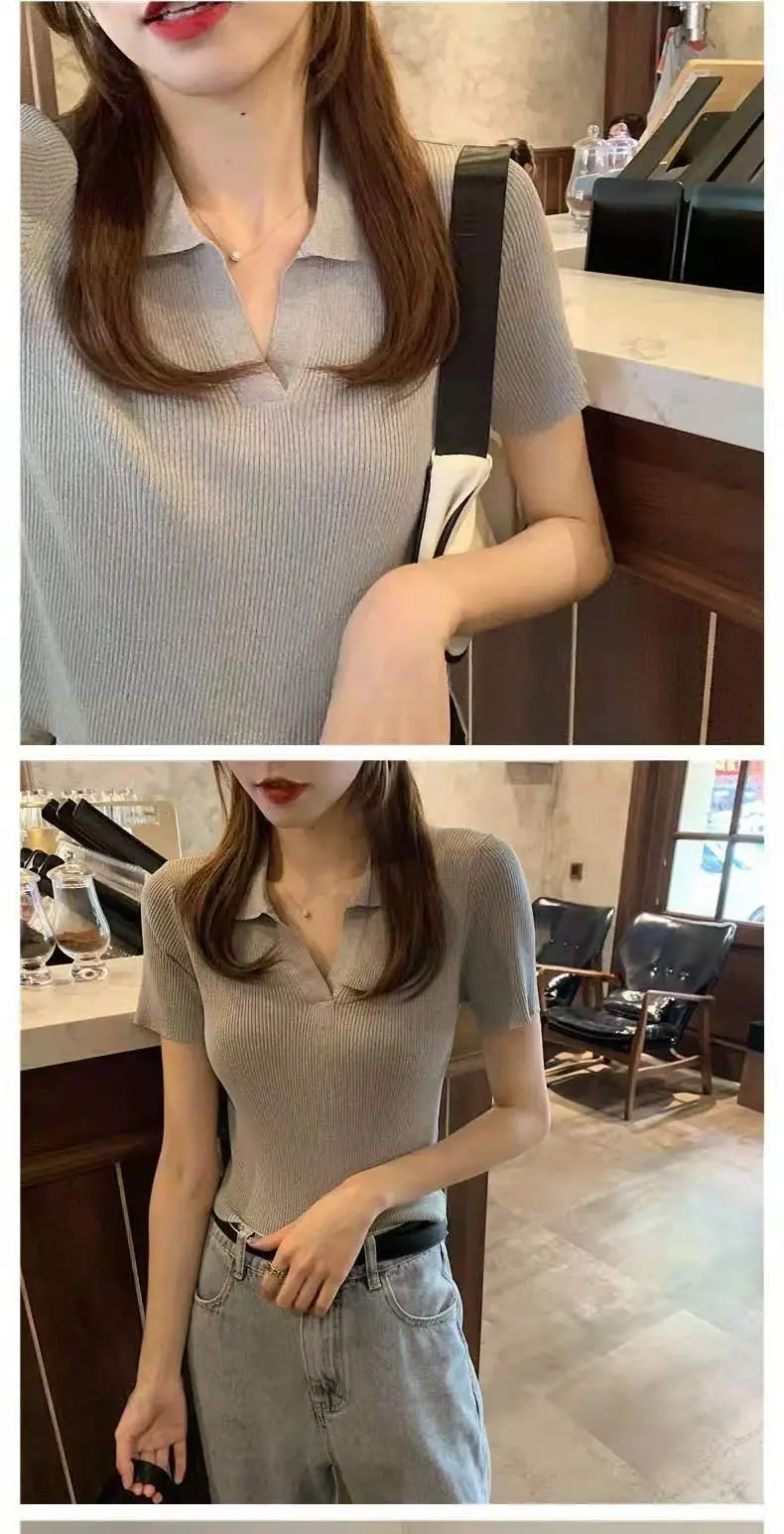 Women V-neck Knitted Polo Shirt Slim Fit Summer — feature 24