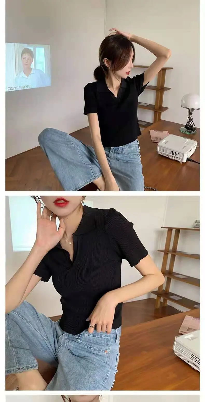 Women V-neck Knitted Polo Shirt Slim Fit Summer — feature 25