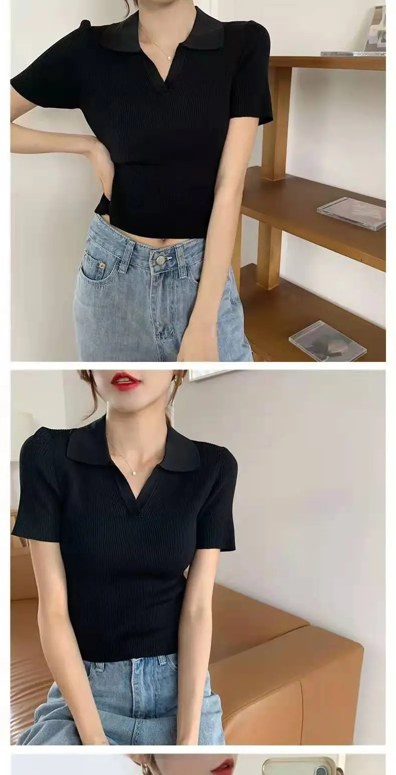 Women V-neck Knitted Polo Shirt Slim Fit Summer — feature 6