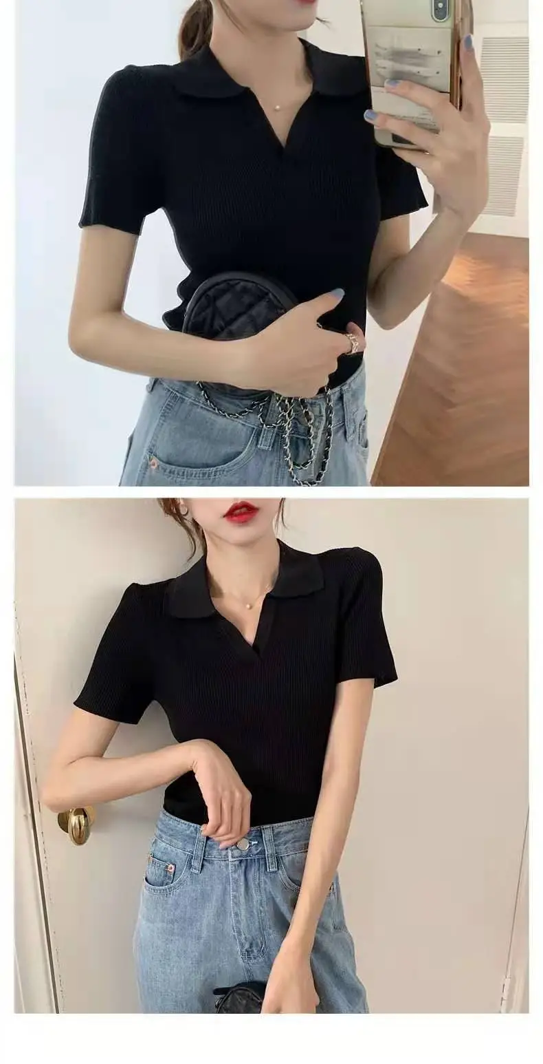 Women V-neck Knitted Polo Shirt Slim Fit Summer — feature 7