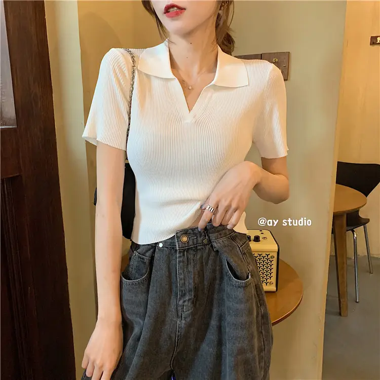 Women V-neck Knitted Polo Shirt Slim Fit Summer