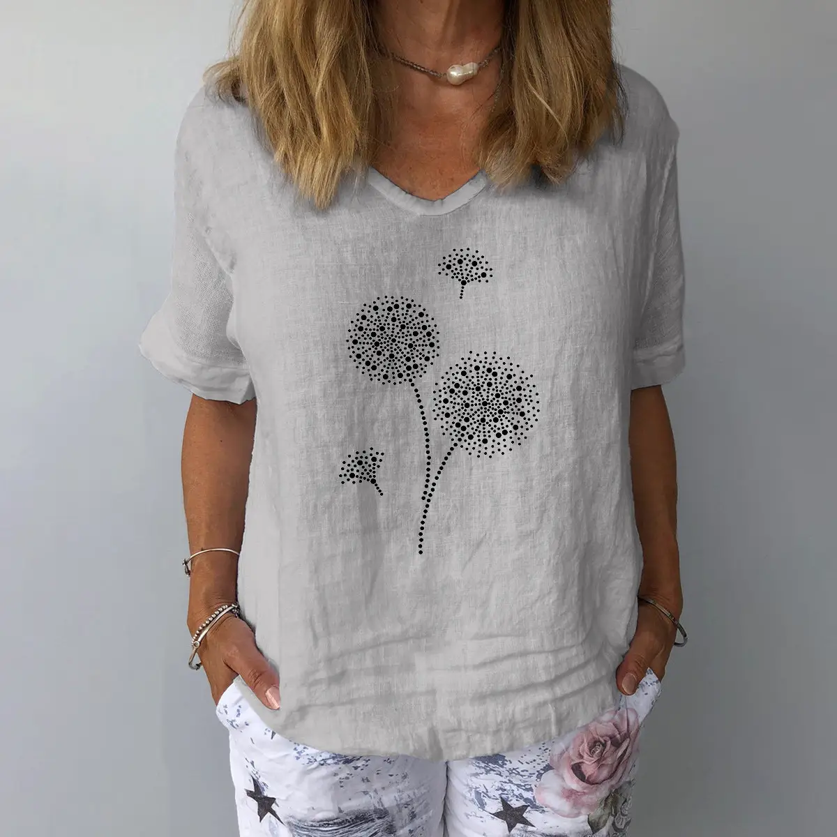 Light Blue Dandelion Print Cotton Top for Women - Image 6