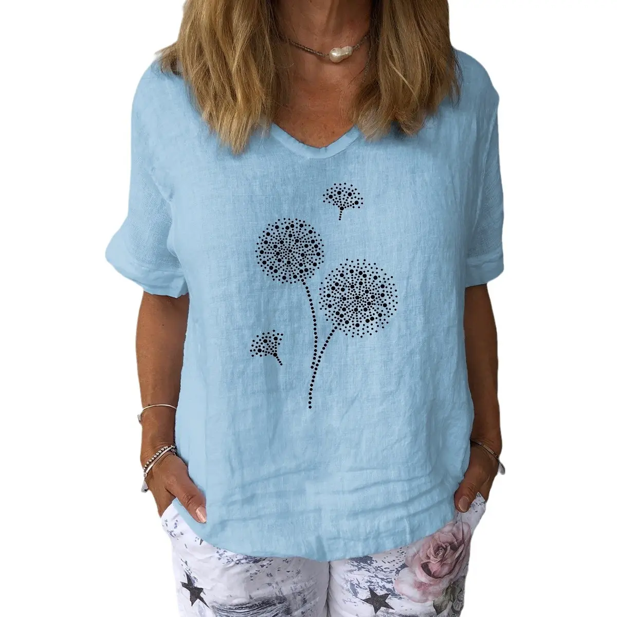 Light Blue Dandelion Print Cotton Top for Women - Image 9