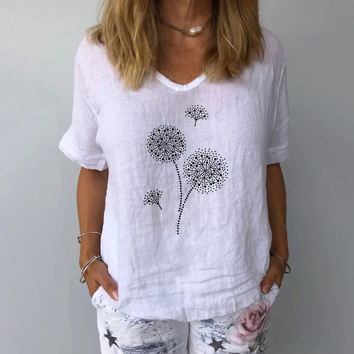 Light Blue Dandelion Print Cotton Top for Women - Image 2