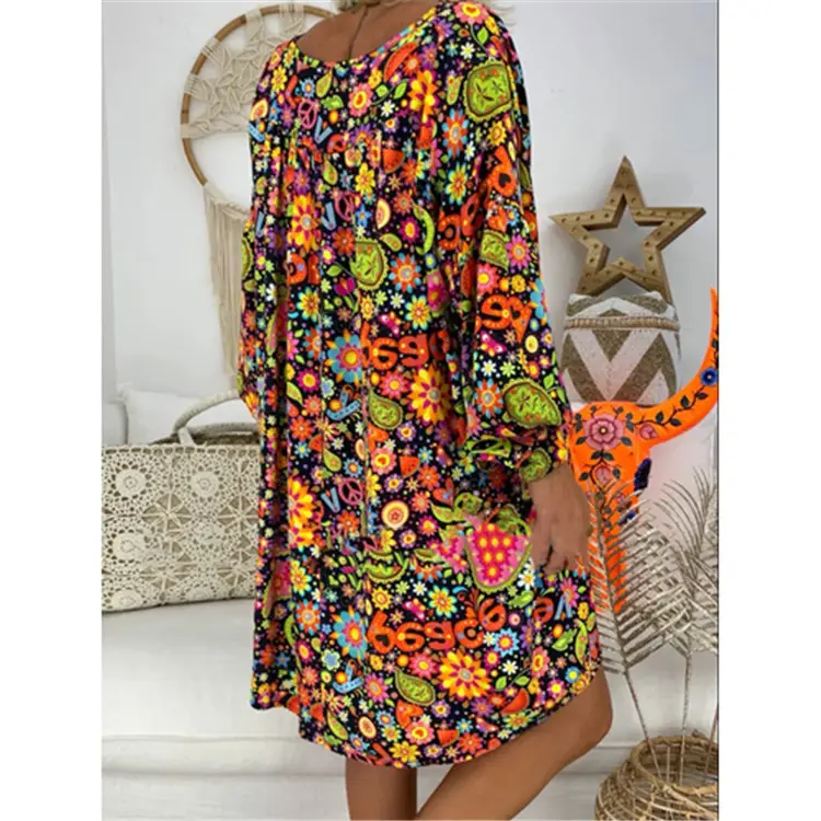 Women V-Neck Printed Long Dress Large Size 2021 - Image 4