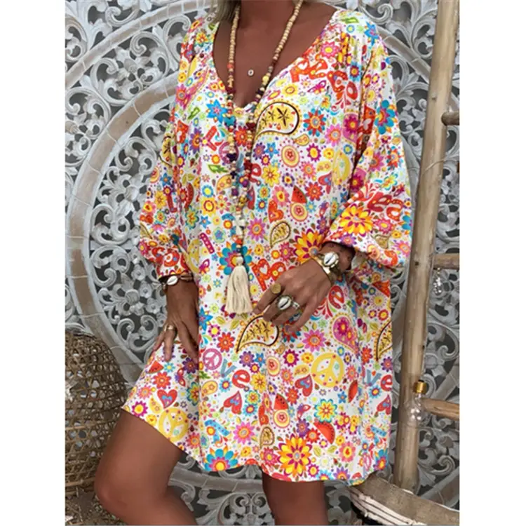 Women V-Neck Printed Long Dress Large Size 2021 - Image 5
