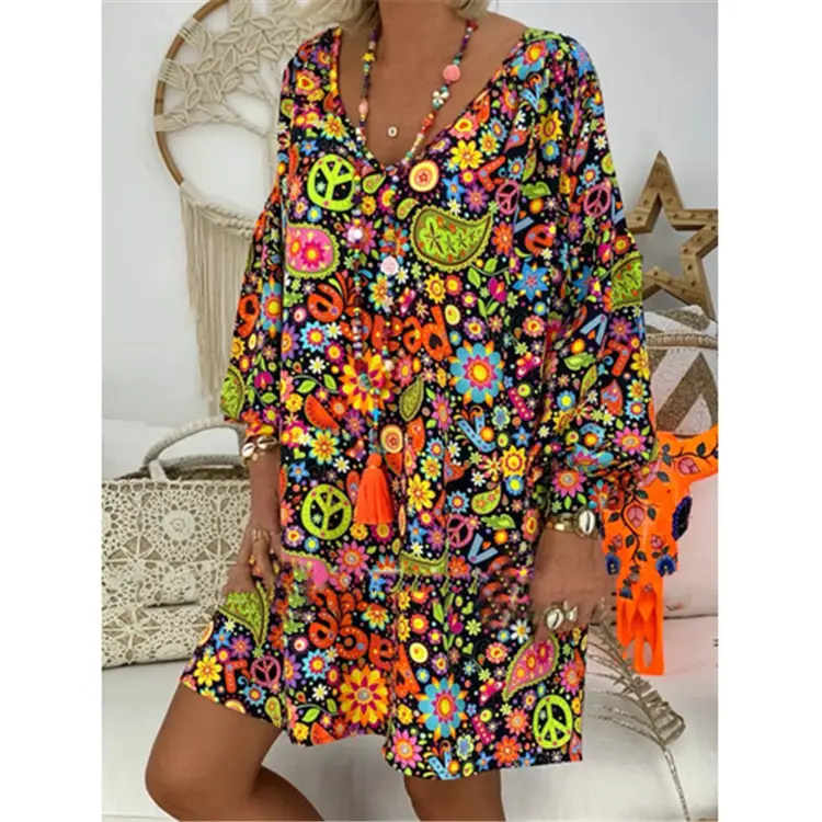 Women V-Neck Printed Long Dress Large Size 2021 - Image 2