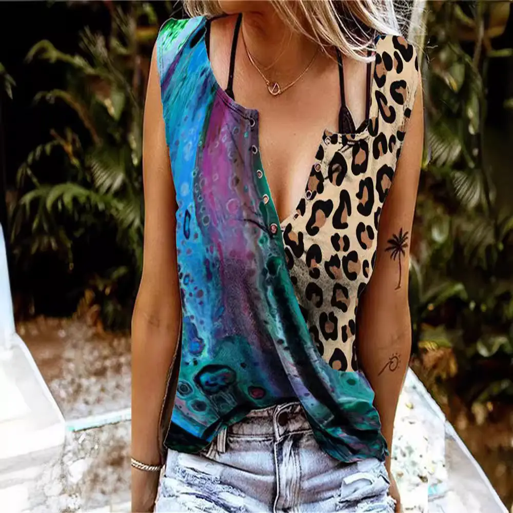 3D Printed V-Neck Sleeveless T-Shirt for Women - Image 12