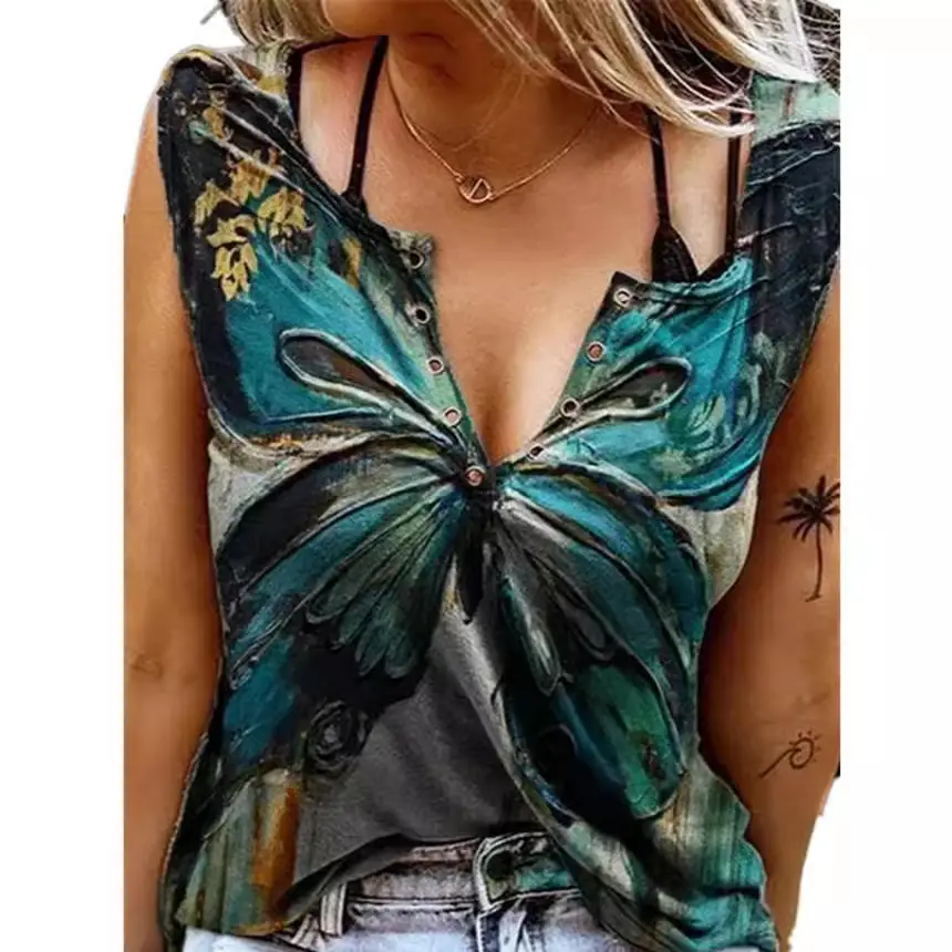 3D Printed V-Neck Sleeveless T-Shirt for Women - Image 15