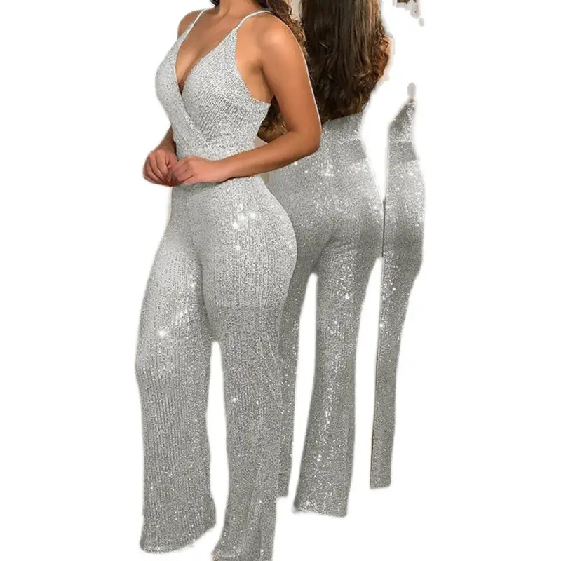 Black Skinny Slim Fit Sequin V-Neck Jumpsuit for Women - Image 6