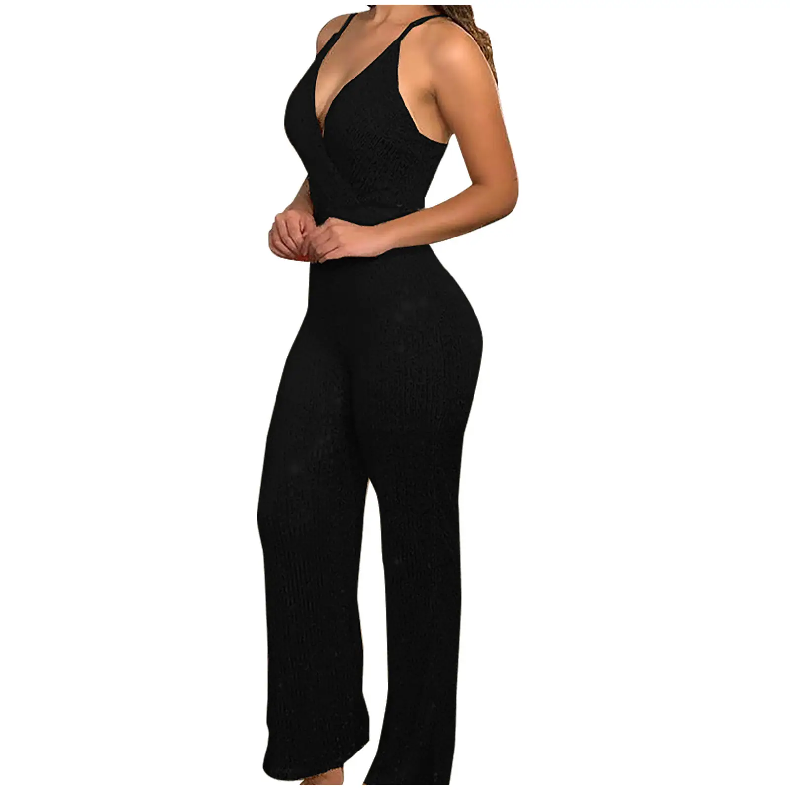 Black Skinny Slim Fit Sequin V-Neck Jumpsuit for Women - Image 7