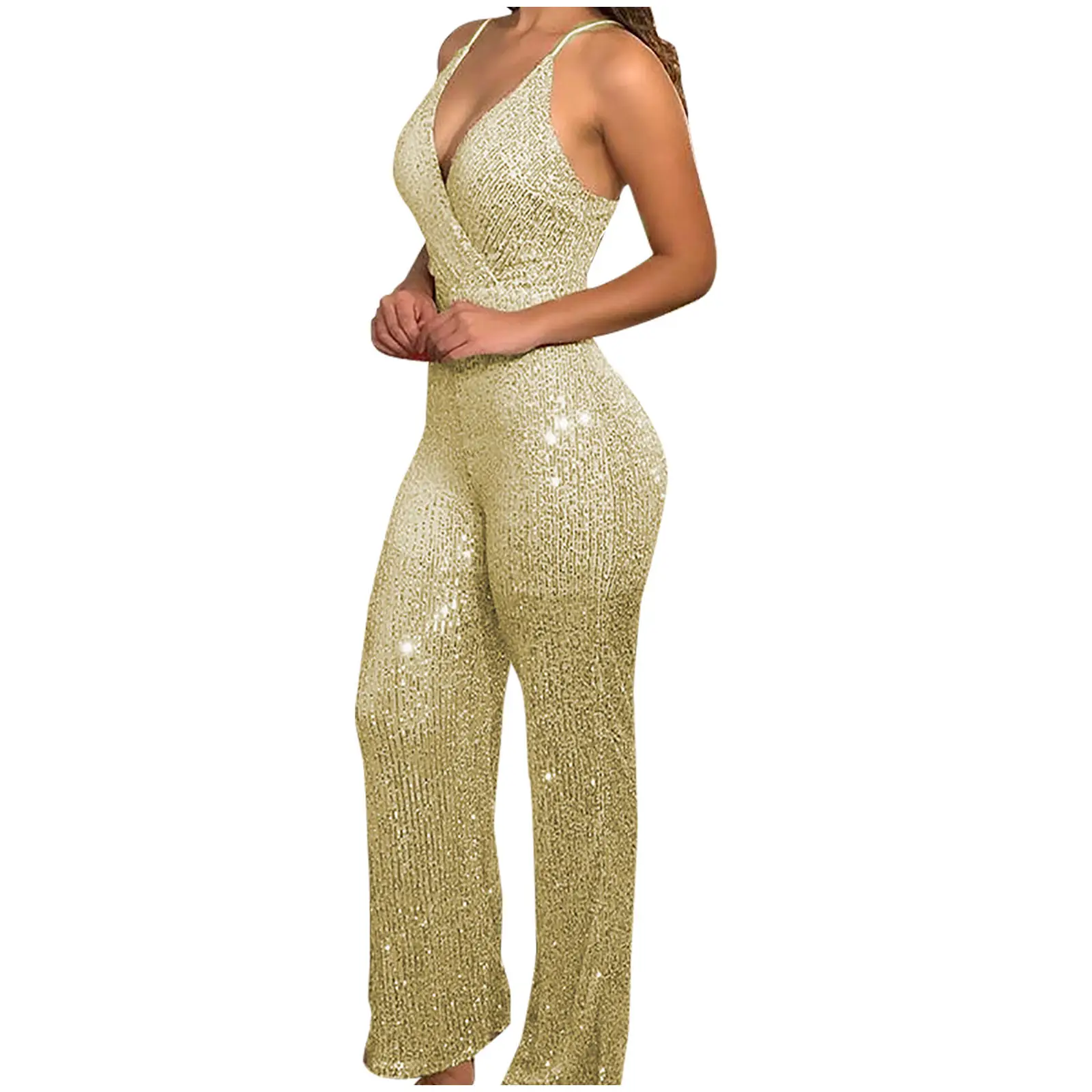 Black Skinny Slim Fit Sequin V-Neck Jumpsuit for Women - Image 8