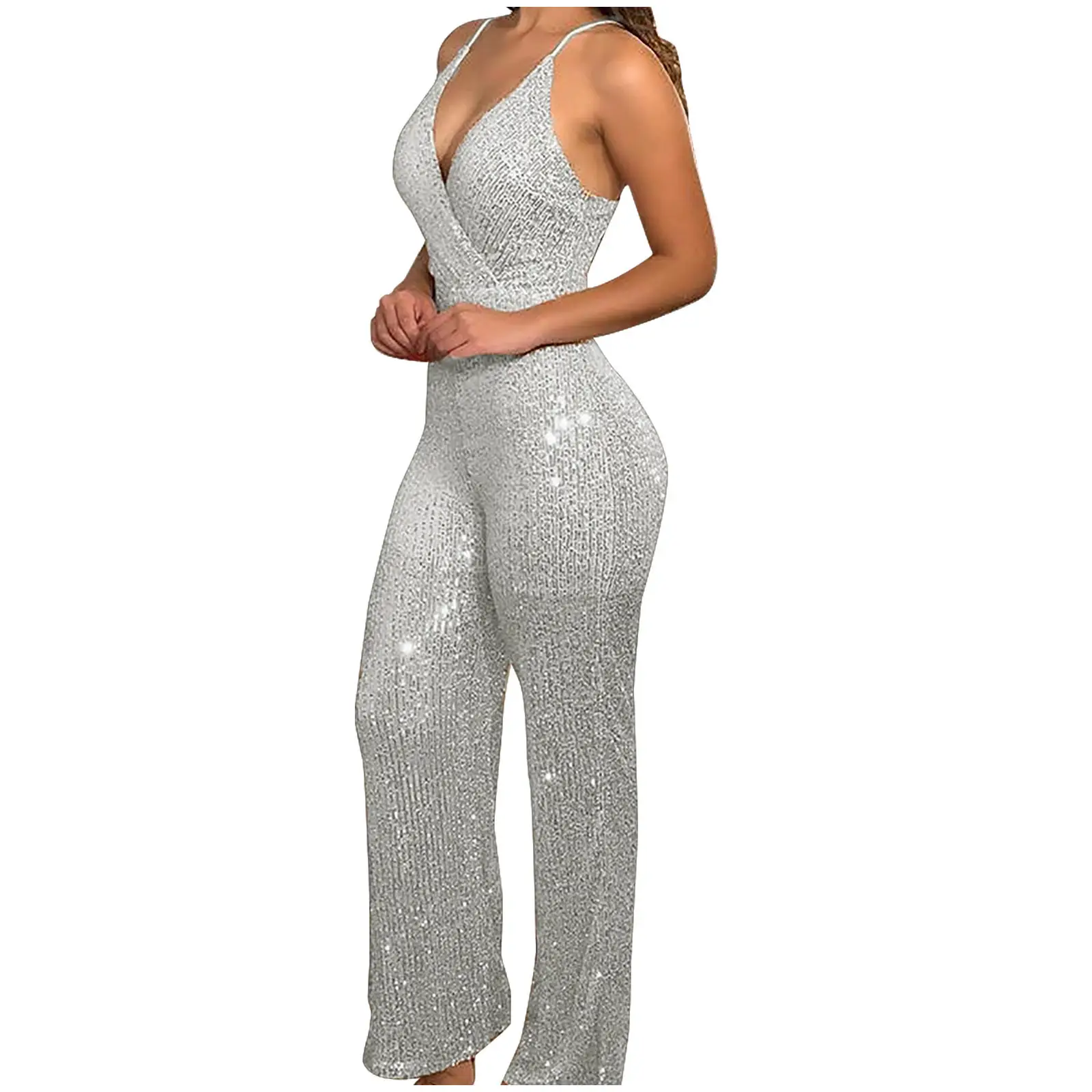 Black Skinny Slim Fit Sequin V-Neck Jumpsuit for Women — feature 8