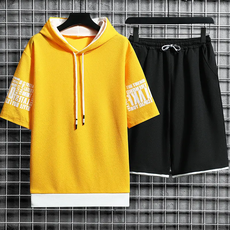 Men Yellow Hooded Shorts Set 2021 Summer Casual Sports Wear - Image 8