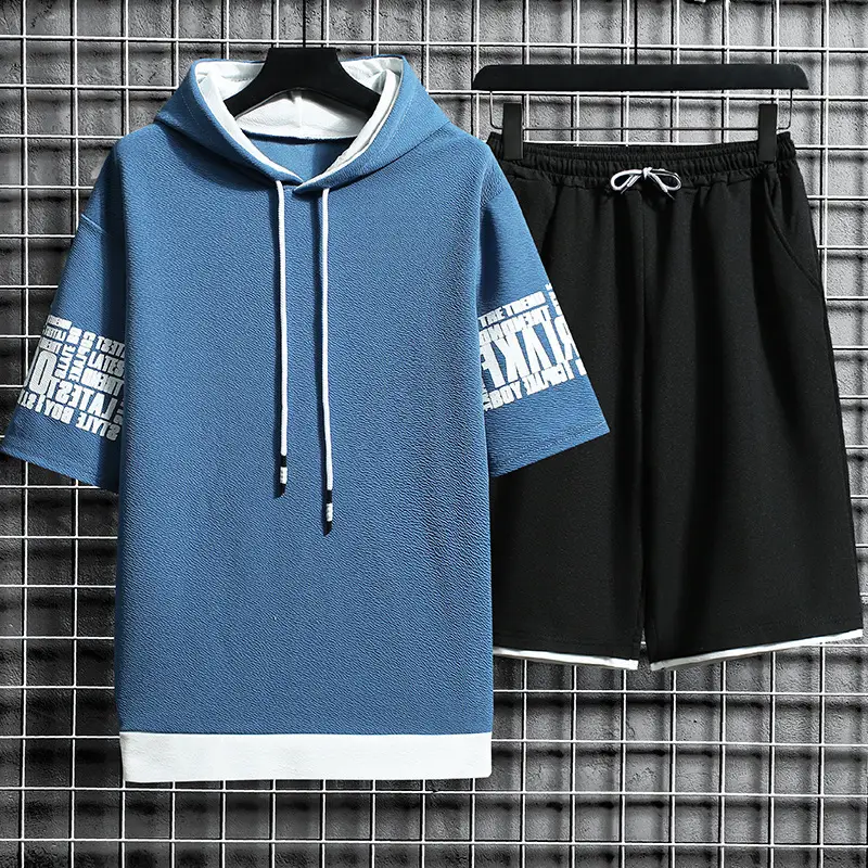 Men Yellow Hooded Shorts Set 2021 Summer Casual Sports Wear - Image 9