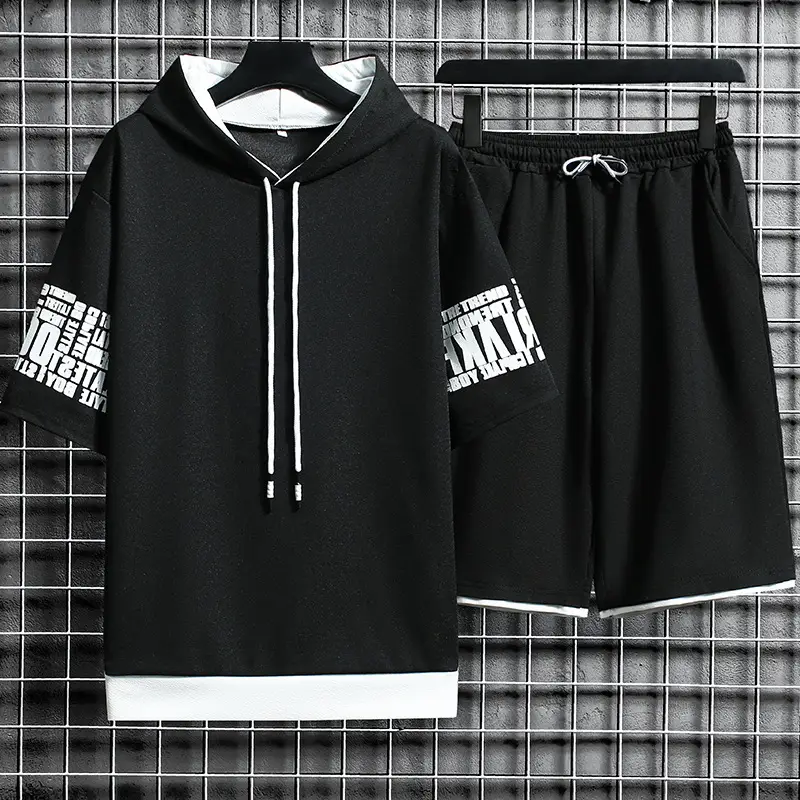 Men Yellow Hooded Shorts Set 2021 Summer Casual Sports Wear - Image 2
