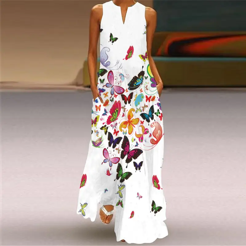 2026 Women's V-Neck Printed Long Dress with Sleeveless Pocket - Image 9