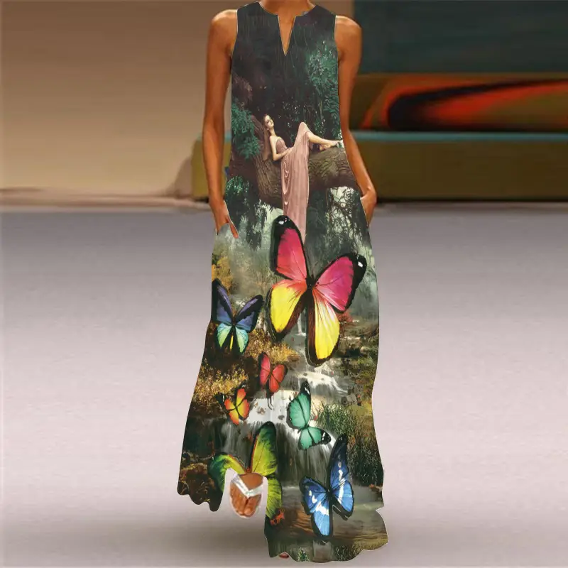 2026 Women's V-Neck Printed Long Dress with Sleeveless Pocket - Image 10