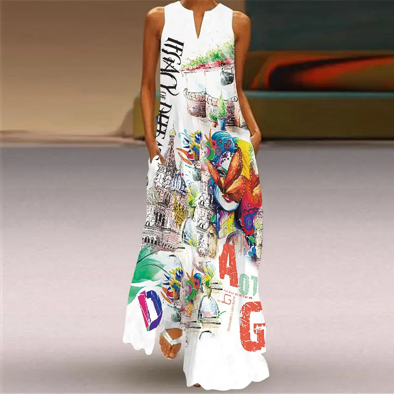 2026 Women's V-Neck Printed Long Dress with Sleeveless Pocket - Image 11