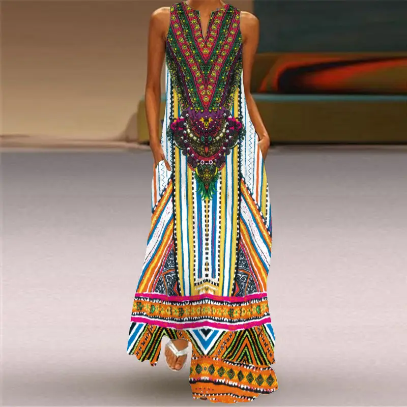 2026 Women's V-Neck Printed Long Dress with Sleeveless Pocket - Image 4