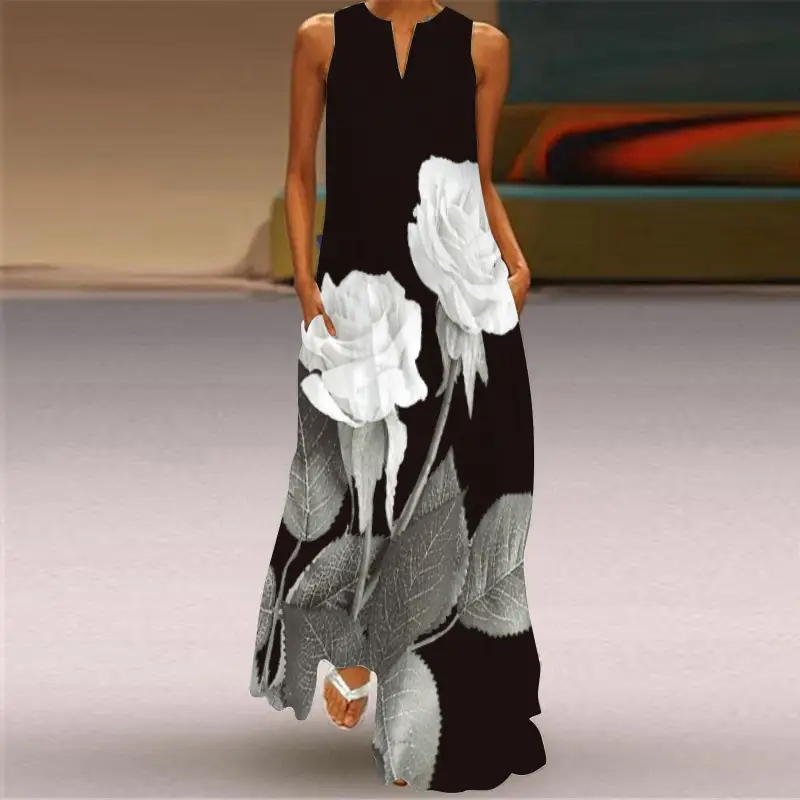 2026 Women's V-Neck Printed Long Dress with Sleeveless Pocket - Image 5